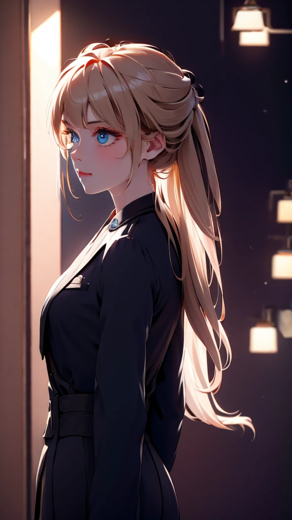 1 girl, medium light gold hair, light blue eyes, wearing black suit, night city, absurdres, high res, ultrasharp, 8K, masterpiece, looking from behind