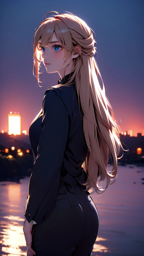 1 girl, medium light gold hair, light blue eyes, wearing black suit, night city, absurdres, high res, ultrasharp, 8K, masterpiece, looking from behind