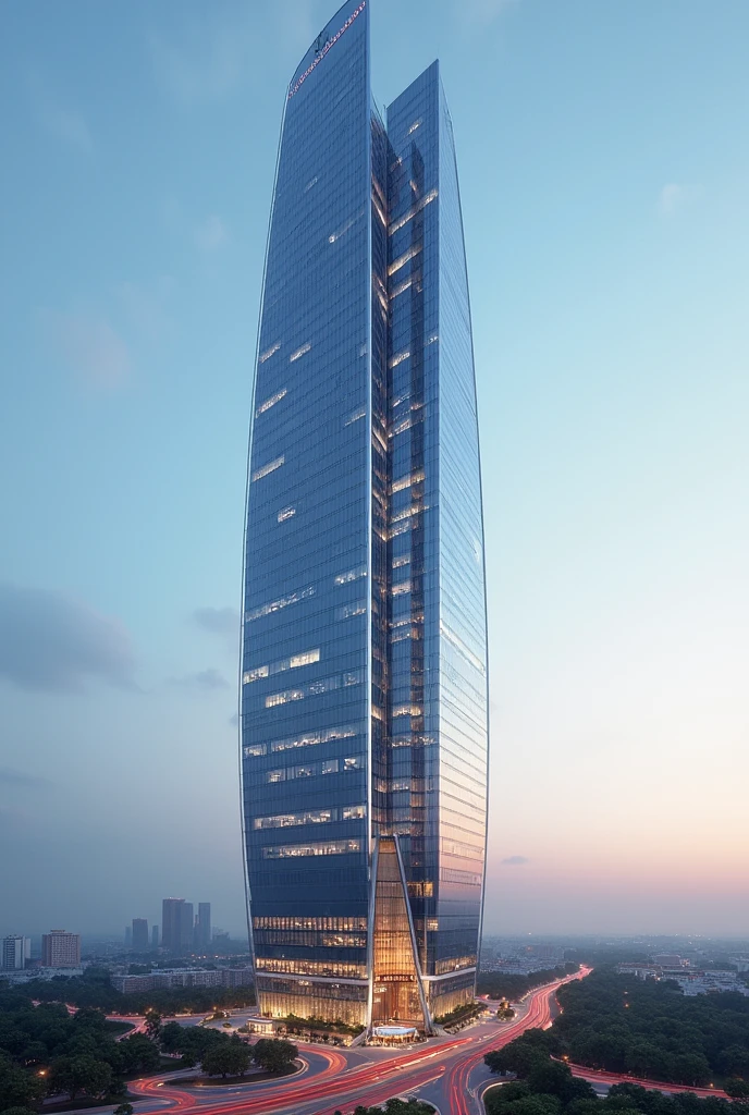 A detailed, architectural rendering of a futuristic skyscraper, with sleek lines and a glass facade, reflecting the city lights below.