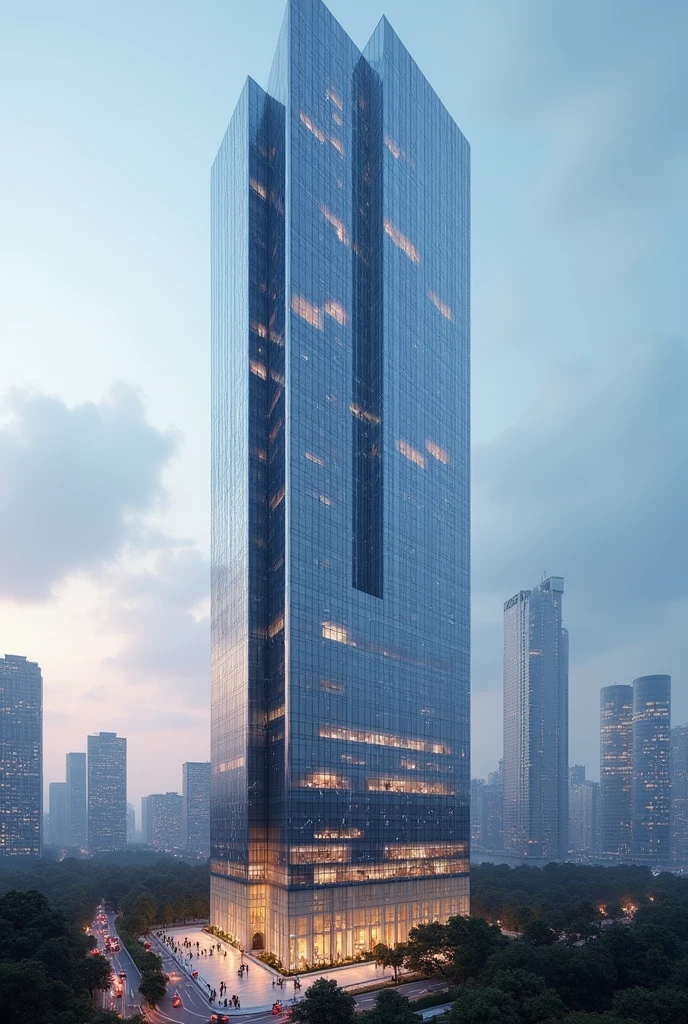 A detailed, architectural rendering of a futuristic skyscraper, with sleek lines and a glass facade, reflecting the city lights below.