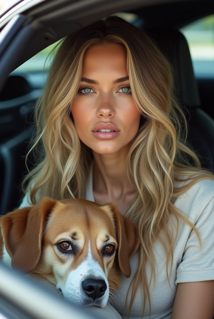 araffed woman sitting in a car with a dog on her lap, her hair is natural disheveled, brunette with dyed blonde hair, no makeup wavy hair, long blonde hair and large eyes, with parted lips and stunning, flawless face, victoria's secret model, with very thin lips, dark blonde hair, with long blond hair, she has blond hair