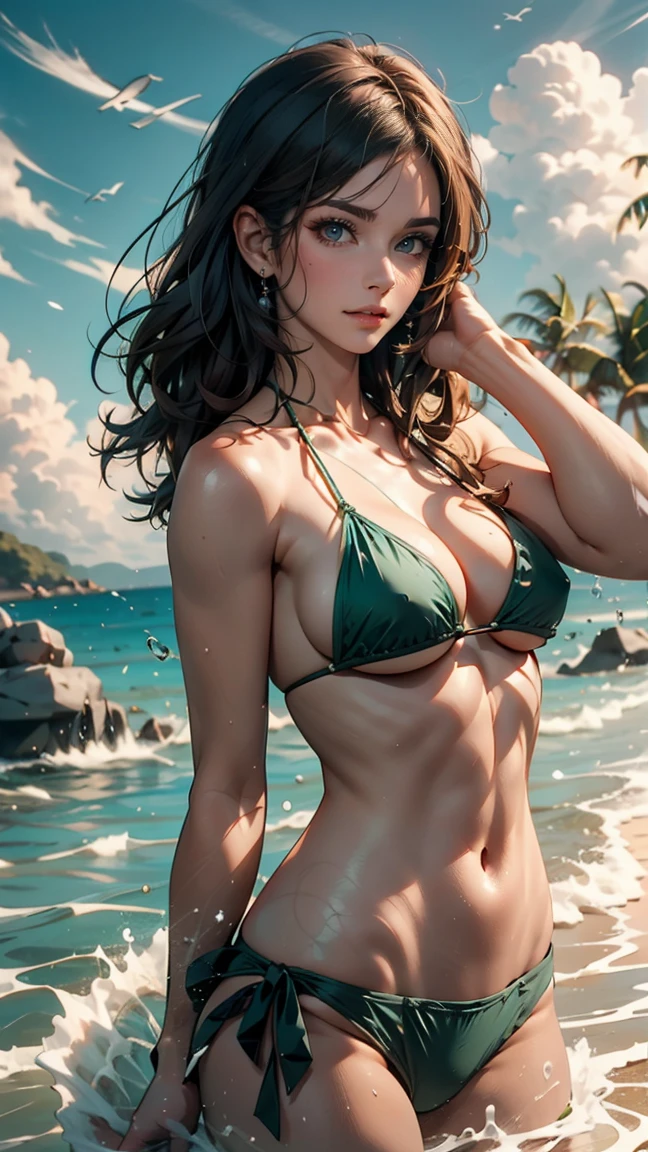 With the emerald green sea in the background、A woman in a micro bikini plays in the waves