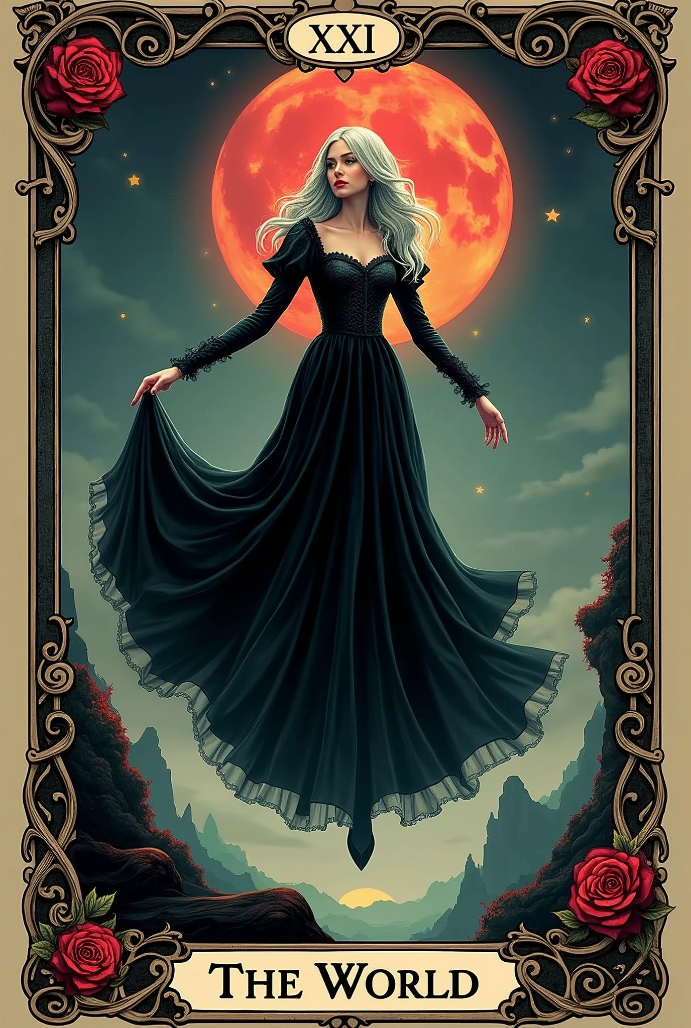 a card, intricate detailed tarot card illustration, gothic style tarot card, tarot card the word, card header with text "I", card footer with text "The World", text font style medieval, celestial elements, silver hair goddess in black Victoria dress, floating in the sky, (infinity symbol on the moon), blood moon, red rose, gothic ornate, soft focus, cinematic lighting, dramatic shadows, vivid colors, rich color palette, mystical landscape, black gothic pattern
