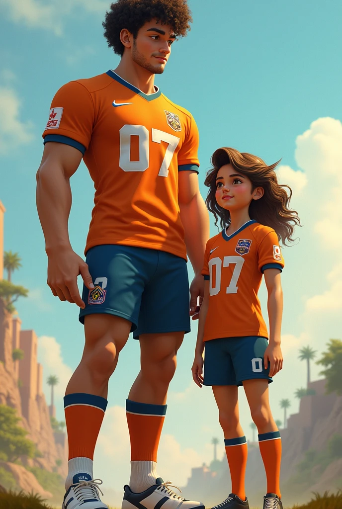 A boy with curly hair, 7 feet tall and fair skin who's a footballer wearing no.07 jersey. With his sister who is 5'7 feet tall, wavy hair and light brown skin who's a Indian soldier , (girl in long pants and boy in proper football wear) both of same age around 20 