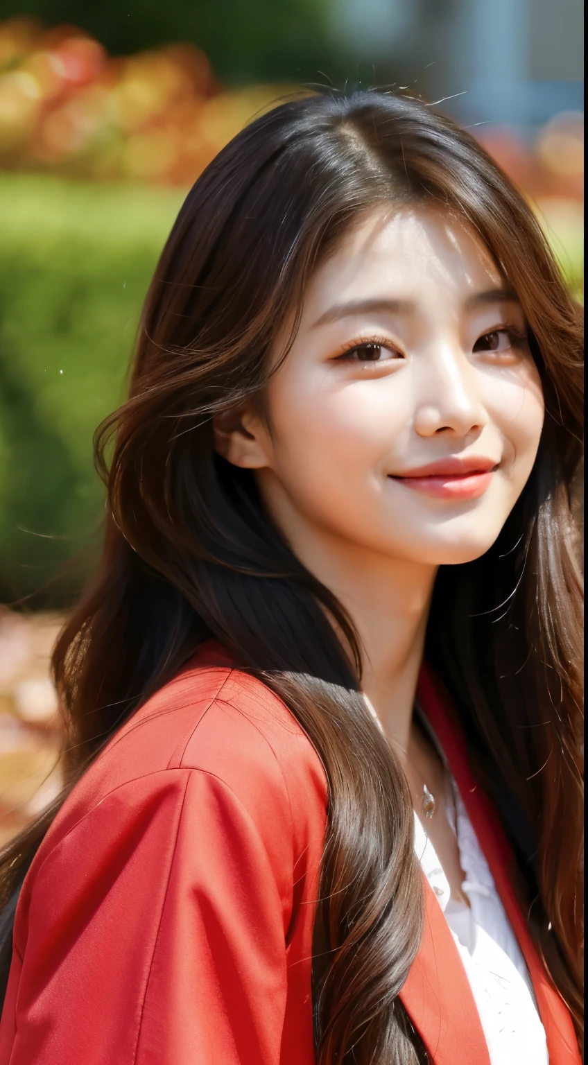 a close up of a woman with long hair wearing a red jacket, bae suzy, jaeyeon nam, lee ji - eun, lee ji-eun, gongbi, heonhwa choe, jinyoung shin, park ji-min, blackpink jennie, kim doyoung, kwak ji young, sun yunjoo, jiyun chae, korean artist