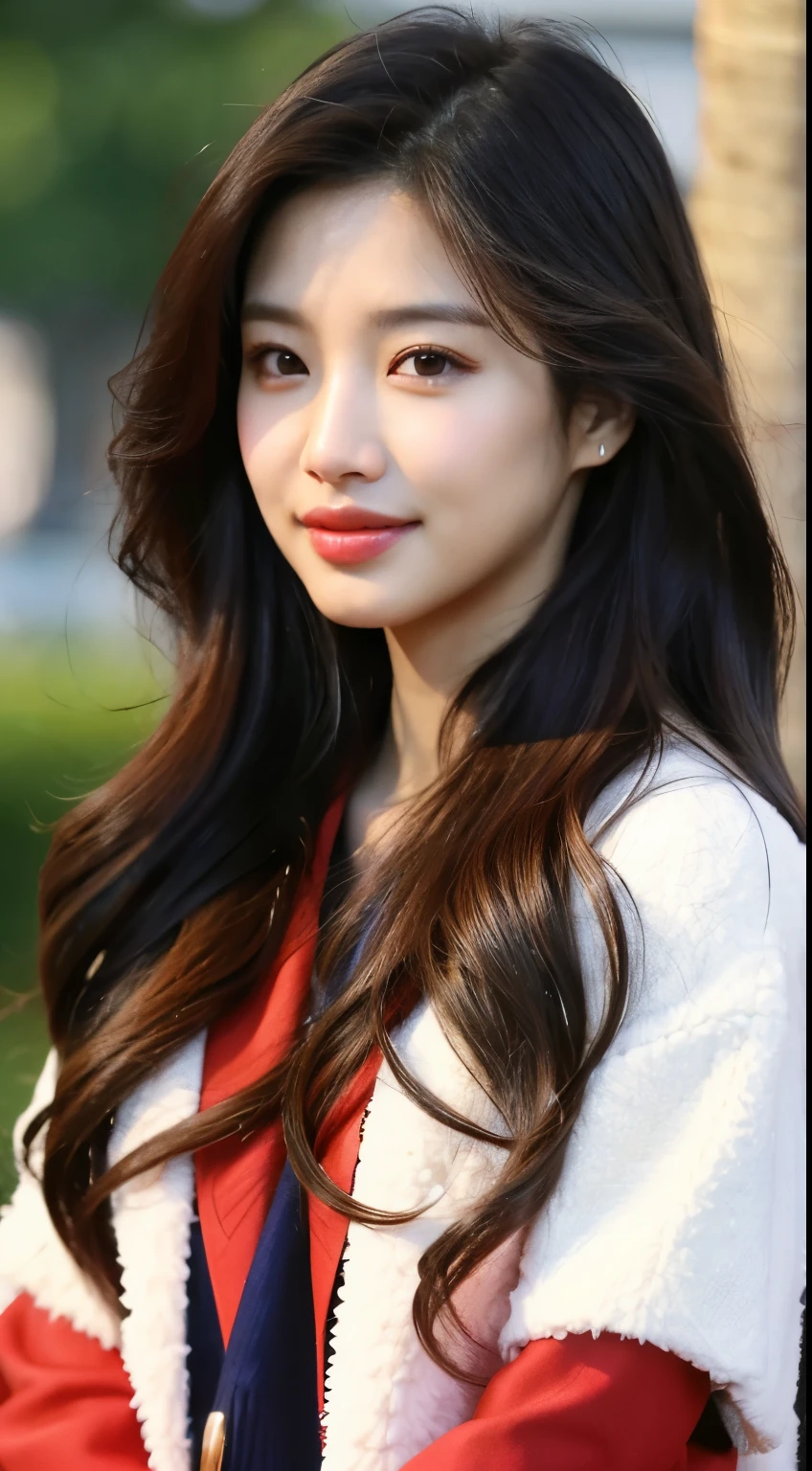 a close up of a woman with long hair wearing a red jacket, bae suzy, jaeyeon nam, lee ji - eun, lee ji-eun, gongbi, heonhwa choe, jinyoung shin, park ji-min, blackpink jennie, kim doyoung, kwak ji young, sun yunjoo, jiyun chae, korean artist