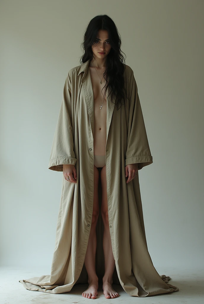 Woman without clothes that are too big and the bottom part is visible