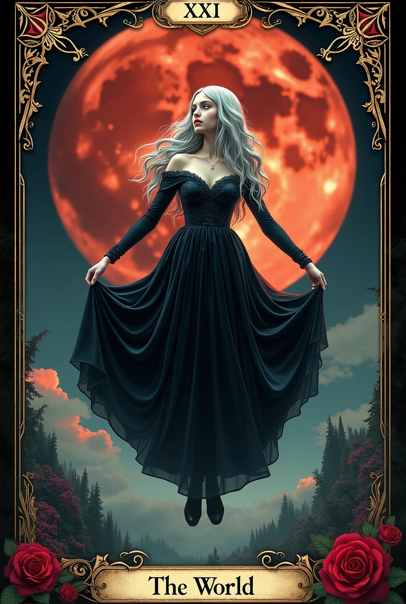 a card, intricate detailed tarot card illustration, gothic style tarot card, tarot card the word, card header with text "XXI", card footer with text "The World", text font style medieval, celestial elements, silver hair goddess in black Victoria dress, floating in the sky, (infinity symbol on the moon), blood moon, red rose, gothic ornate, soft focus, cinematic lighting, dramatic shadows, vivid colors, rich color palette, mystical landscape, black gothic pattern