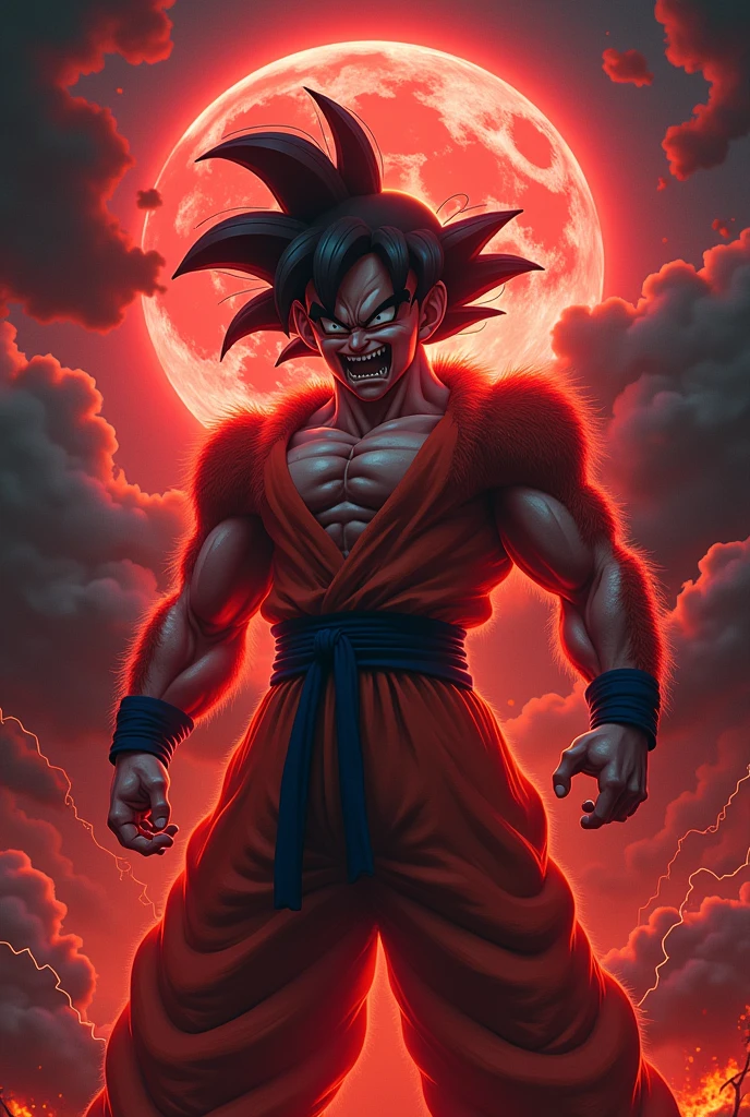 son goku(dragon ball Z),Red Moon,black clouds,thunder and lightning,staring at the viewer with a psychotic smile in ssj4