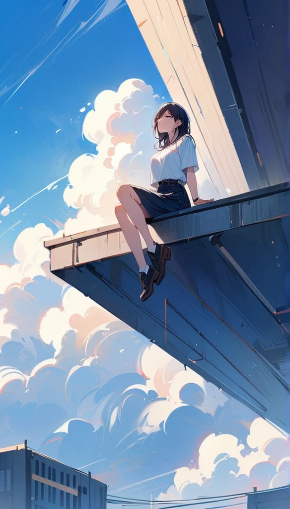 (masterpiece, best quality:1.2), 1 very beautiful girl, alone, Happy expression while sitting on a railing on the roof of a very tall building and looking up at the camera, whole body, Beauty of blue sky full of white clouds, simple background, Nizi 5,
