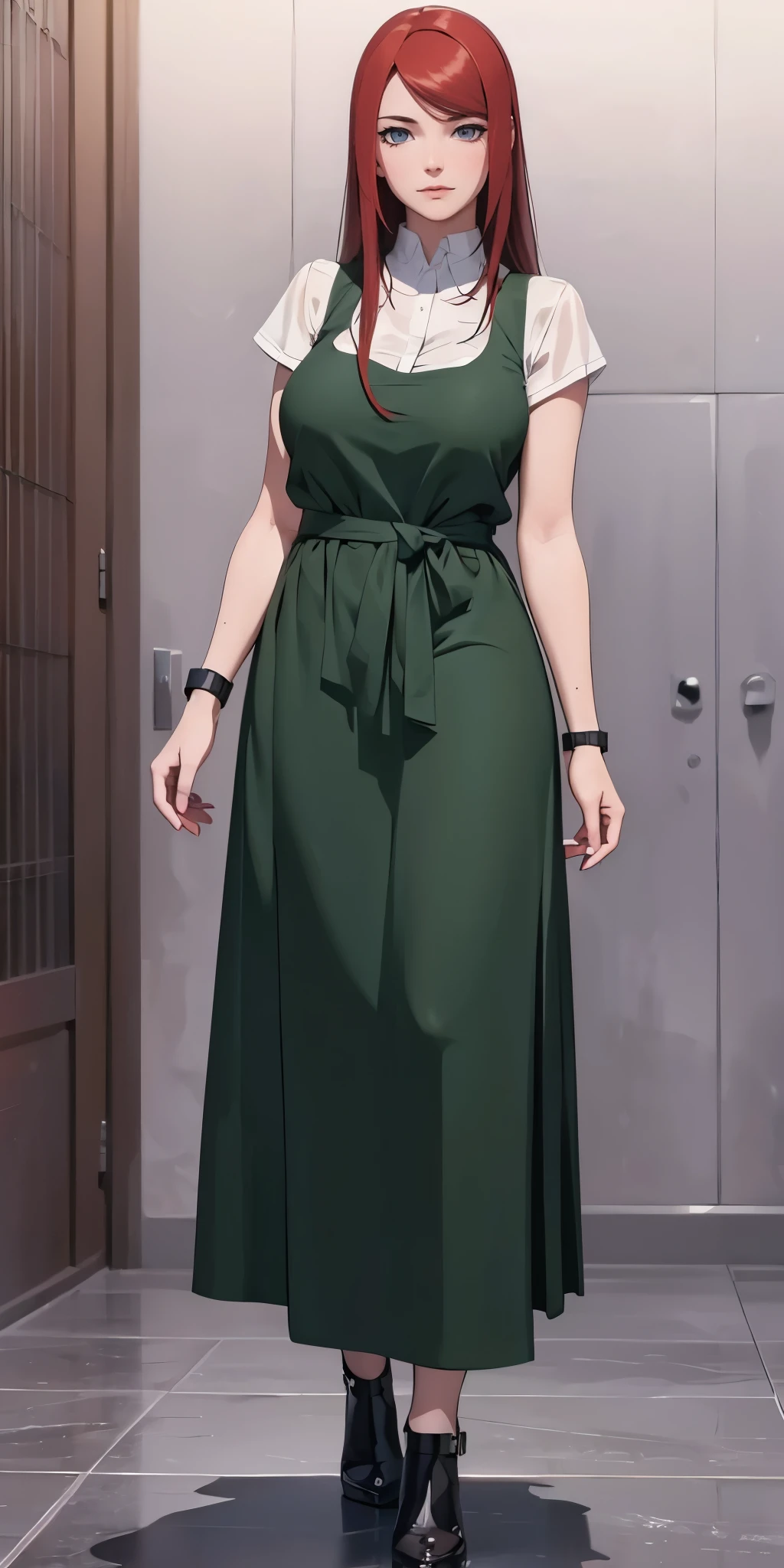 ((1girl, solo)), (large breasts:1.5), beautiful body, (perfect anatomy, perfect body, perfect hands, perfect legs), nice hands, natural proportions, sexy body, standing, full body BREAK
((extremely detailed face)), purple eyes, (beautiful detailed eyes:1.6), (realistic pupils, realistic iris:1), expressive eyes, looking at viewer, (clear eyes:1.3), (hyperrealistic:1.2), (detailed skin texture:1.2), smooth skin, (red hair:1.5), long hair, (detailed lips:1.2), (attractive lips:1.1), (glossy lips:1.1), smile, perfect face, perfect eyes BREAK
((white shirt)), collared shirt, (partially unbuttoned:1.3), bra peek, short sleeves, green apron, black footwear, (high heels:1.2) BREAK
indoors, tiled floor BREAK
(masterpiece:1.5), anime-style, top quality, best quality, (beautiful and aesthetic:1.2), (ultra detail:1.5), Ultra-detailed depiction, Ultra-precise depiction, extremely detailed 8k illustration, high resolution, (highly detailed shading:1.2), (realistic lighting:1.4), perfect lighting, vibrant colors, dynamic tones, striking hues, 8k, absurd resolution, perfect shadows, hdr, UHD, ambient lighting, realistic, ultra-realistic, photo realistic, highly detailed, rich detail, luminous colors, fine texture, intricate design, professional illustration, (soft light:1.2), (illustration:0.7)