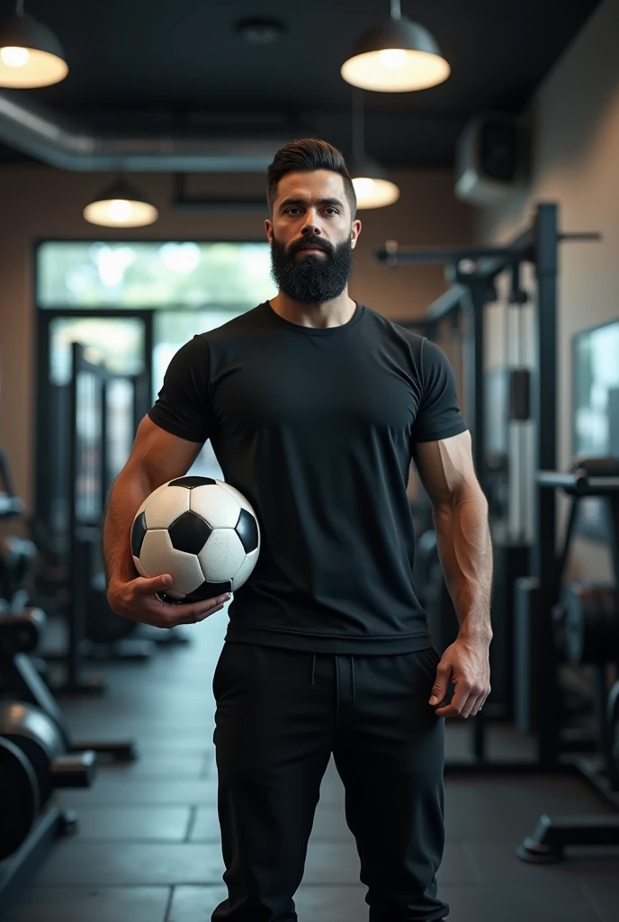 a man wearing black pants and shirt with a black beard,standing in front of fitness equipment inside a shop, looking ahead, holding a soccer ball, photorealistic, dynamic lighting, highly detailed, 8k, best quality