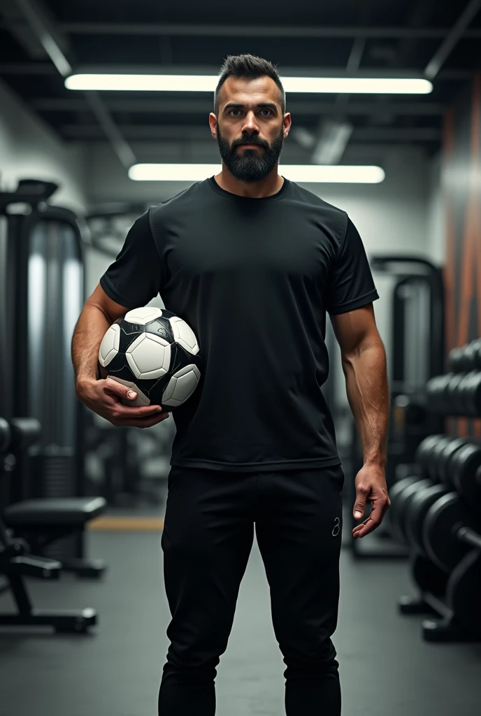 a man wearing black pants and shirt with a black beard,standing in front of fitness equipment inside a shop, looking ahead, holding a soccer ball, photorealistic, dynamic lighting, highly detailed, 8k, best quality