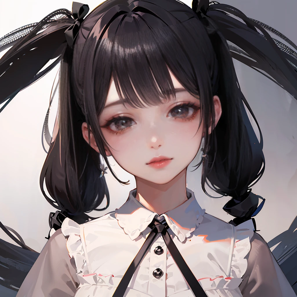 (8k, RAW Photos, Very delicate and beautiful, Ultra-high resolution, Highest quality, masterpiece: 1.2), (Real、Photorealistic: 1.4), (Highly detailed 8K wallpapers, 3d), Cute girl like a doll, highly detailed dress, Gothic, ta, Big red ribbon, Highly detailed twintails, Blunt bangs, Lustrous black hair, Transparent white skin, Pink Cheeks, large, round eyes, Tear bags, Long eyelashes, Thin lips, slightly raised corners of the mouth, round face, From above, Looking at the camera, The best light, Perfect composition,