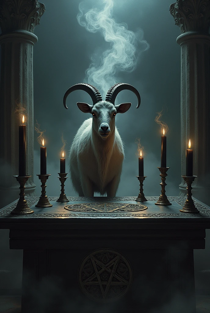 Altar with inverted pentagrams, a male goat in the middle of the altar, black candles, Incense smoke rising from a bowl on the altar