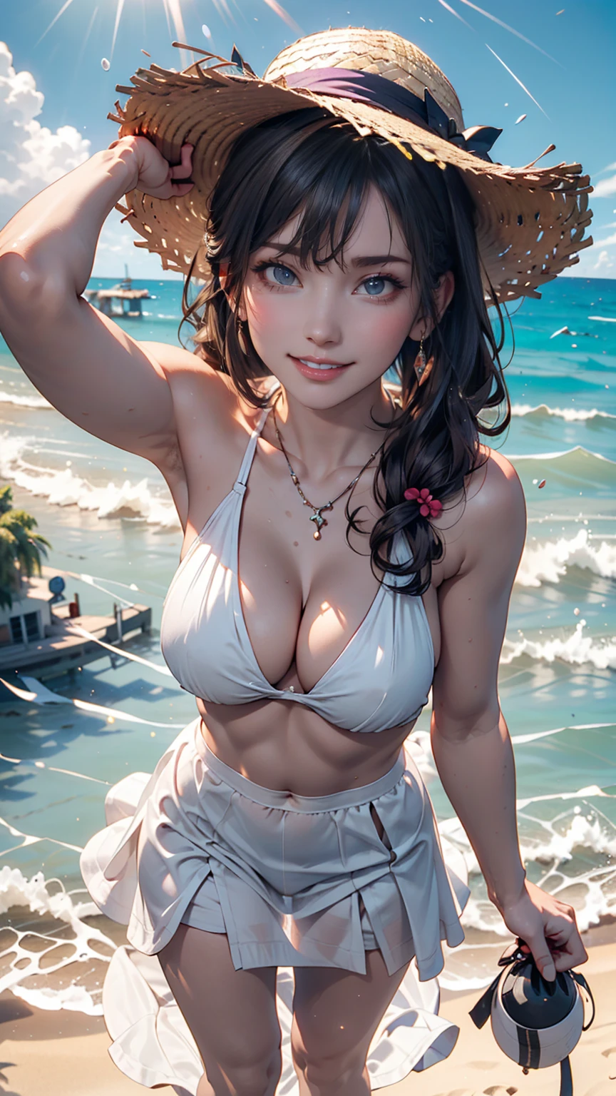 Highest quality, masterpiece, , ,short, Huge breasts, Gray Hair,Low twin tails, Purple eyes, Yukinecris, Thin twin tails,, Beach, Ocean, White Dress, White Skirt, White dress, Straw hat, (((shy))), (Happy), Leaning forward, summer, From above, Reaching out, smile,