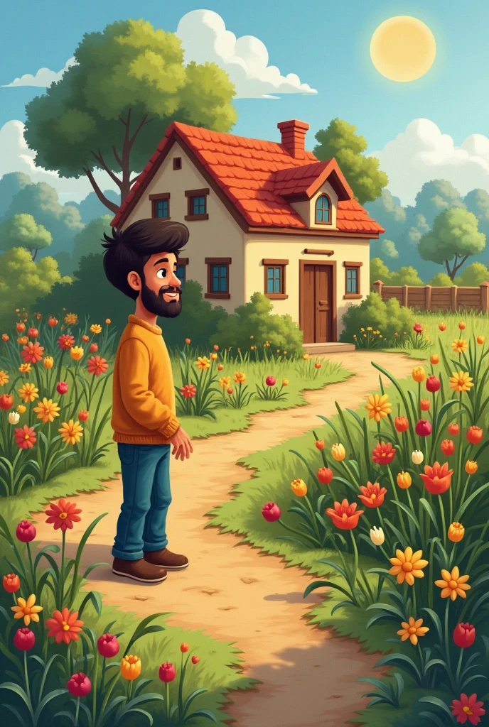 One day, Ali thought that he would make a garden behind his house. He first chose a place where the ground was soft and sunny. Ali decided to keep flowers, vegetables and some animals in his garden.