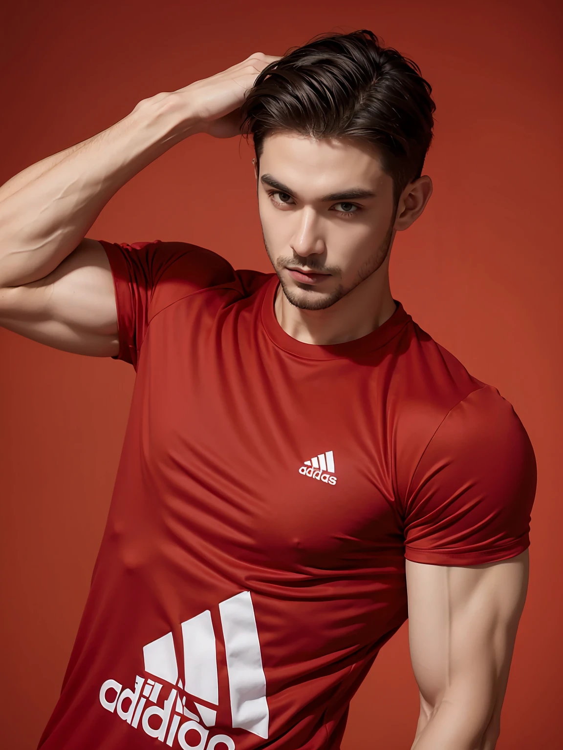 Muscle boy, adidas red t shirt
