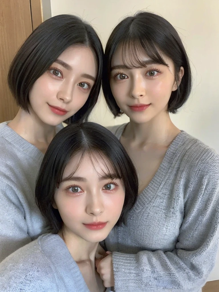 (masterpiece:1.3), (8k, Photoreal, Raw photo, best image quality: 1.4), Japanese high school girl、(random hairstyle:1.2)、:1.5、super ail face、eye for details、double eyelid、chest to chest、sharp focus:1.2、Beautiful woman:1.4、light brown hair、highest quality、masterpiece、超A high resolution、(Photoreal:1.4)、Highly detailed and professionally lit smiles、loose and light knitwear、shoulder out、thin、serious expression、short haired、deadly position
similar identical twins
All the girls have the exact same face, The two have the same face and figure, as if they were mirror images.