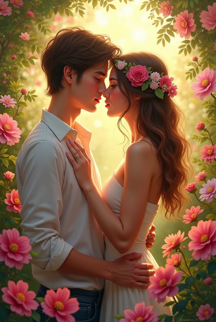 A beautiful girl and beautiful boy in garden but sunlight in between them garden were azaleas zinnias and balsams are there