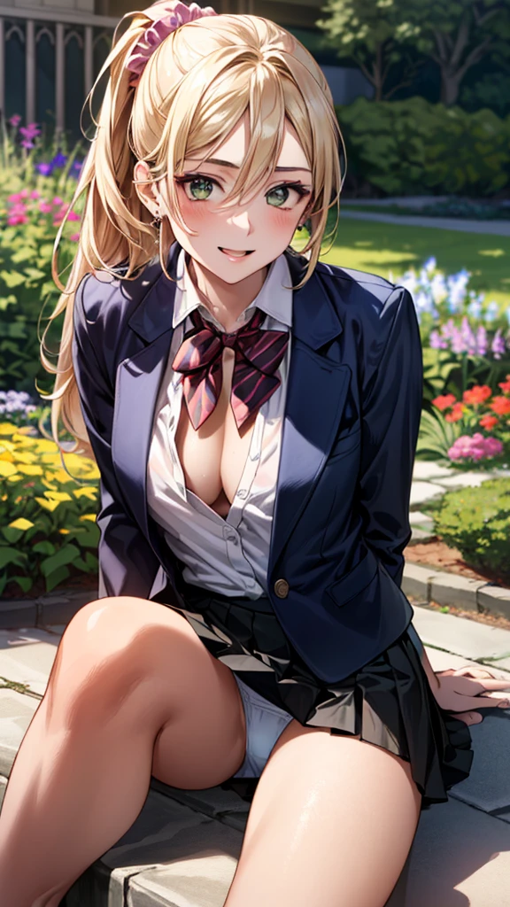 (masterpiece:1.3, Highest quality, Ultra-high resolution, Super detailed), (Realistic, photoRealistic:1.4), Beautiful illustrations, Perfect lighting, colorful, Depth of written boundary,
Beautiful detailed hair, Beautifully detailed face, Beautiful attention to detail, Beautiful clavicle, Beautiful body, Beautiful breasts, Beautiful thighs, Beautiful feet, Beautiful fingers,
View your viewers, 1 girl, Japanese, high school girl, Perfect Face, (Perfect Anatomy, Anatomically correct), Cute and symmetrical face, Baby Face, , Glowing Skin,
(Mid-length hair:1.5, Topknot, Hair loss, Blonde), Hair between the eyes, Dark green eyes, Droopy eyes, Big eyes, Long eyelashes, (Medium chest), thin,
((Navy Blazer, White collared shirt, nabuto pleated skirt)), Dark red bow tie, Earrings, Hair Scrunchie,
(Beautiful views), evening, (garden), She spreads her legs to show her light pink lace underwear, (Cute smile, Upward glance, Open your mouth), Her shirt is open, showing off her breasts