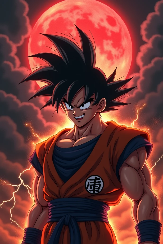 son goku(dragon ball Z),Red Moon,black clouds,thunder and lightning,staring at the viewer with a psychopathic smile in ssj