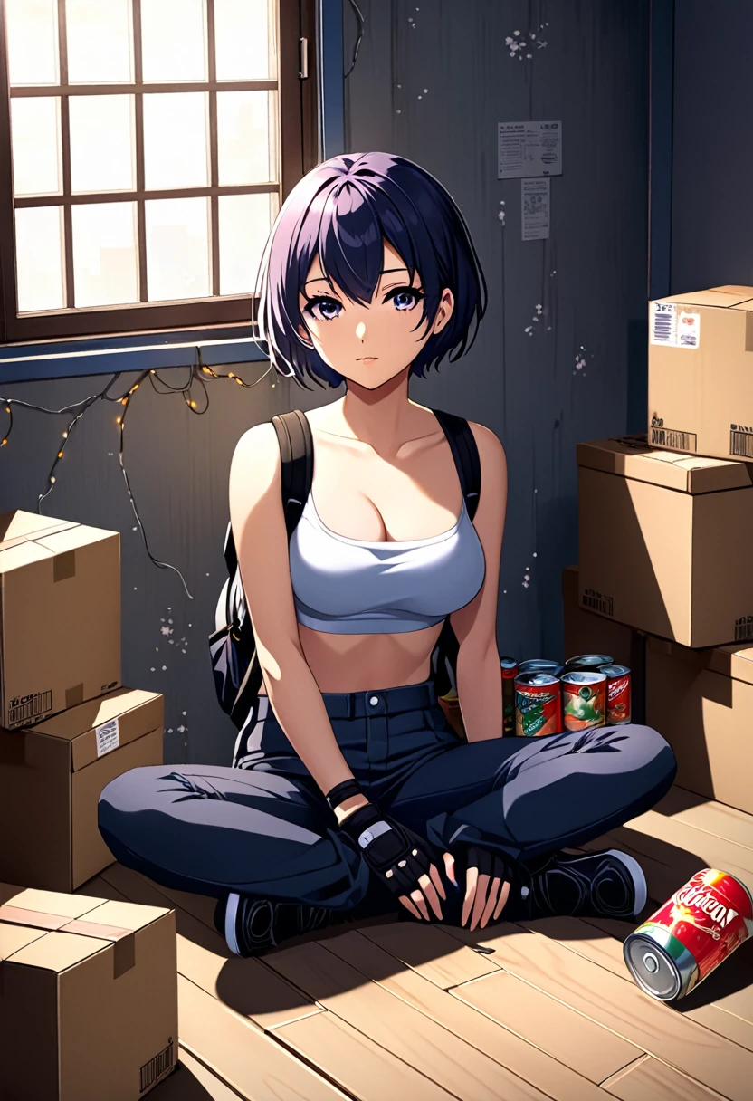 anime style, highest quality, girl of 20 years old, Normal breast, short hair, in a short, tight top with separate sleeves, in trousers, the backpack is lying on the floor near the wall, fingerless gloves, sitting on a chair in the apartment, boarded-up windows, Lights off, there are boxes of canned goods in the room,
