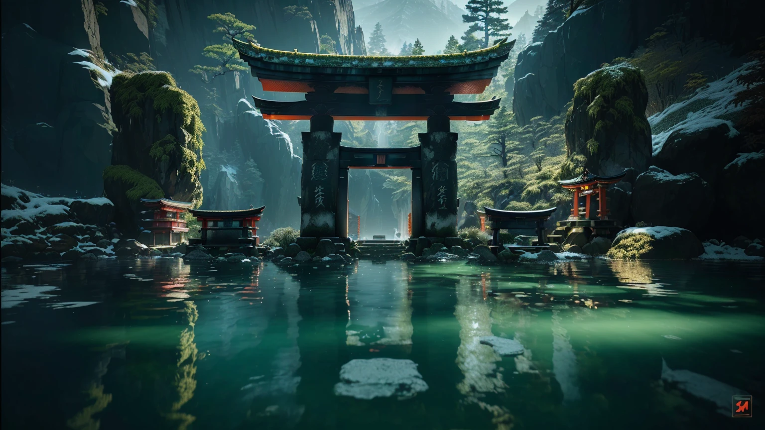 there is a small shrine in the middle of a mountain, cyberpunk japanese temple, japonisme 3 d 8 k ultra detailed, unreal engine 4k wallpaper, japanese torii in a moutain, rendered in unreal engine 4k hq, rendered in unreal engine 4 k hq, submerged temple scene, japan. volumetric lighting, torii in a moutain with trees