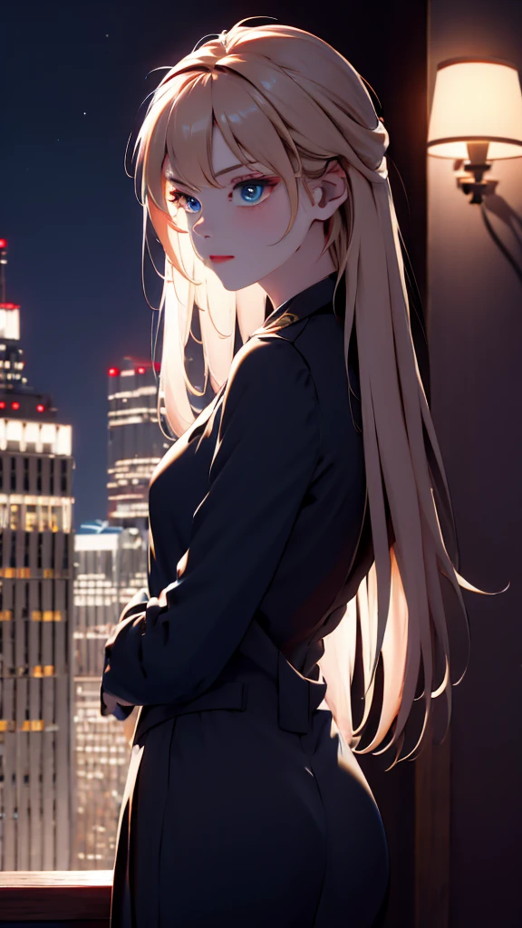 1 girl, medium light gold hair, light blue eyes, wearing black suit, night city, absurdres, high res, ultrasharp, 8K, masterpiece, looking from behind