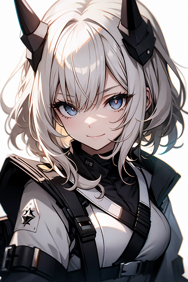 One Girl, whole body, White one-piece military uniform, (Tabletop:1.2, Highest quality), (Beautiful, detailed eyes: 1.2), (Beautifully detailed face), High Contrast, (Best lighting, Very delicate and beautiful), ((Cinematic Light)), Dramatic Light, very orange eyes, Large Breasts, Belt under the chest, White military uniform, White Skirt,Blonde, Black tie, (Pale white background:1.5), Wolf Cut Hair, Look at me and smile,horn