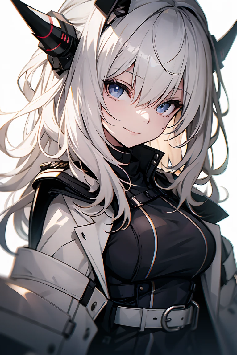 One Girl, whole body, White one-piece military uniform, (Tabletop:1.2, Highest quality), (Beautiful, detailed eyes: 1.2), (Beautifully detailed face), High Contrast, (Best lighting, Very delicate and beautiful), ((Cinematic Light)), Dramatic Light, very orange eyes, Large Breasts, Belt under the chest, White military uniform, White Skirt,Blonde, Black tie, (Pale white background:1.5), Wolf Cut Hair, Look at me and smile,horn