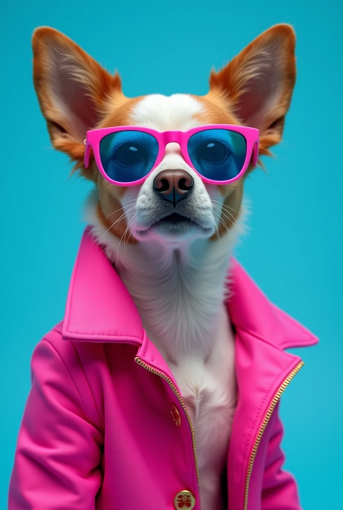 The best cell phone wallpaper, Award-Winning Wallpaper, portrait photography, In the front view is a portrait of a cute dog wearing mid-1960s space age fashion, Side view photo, Shot with Canon EOS R5, Set a strong contrast that accentuates the subject, Fluorescent blue tone, Wearing a very modern coat and sunglasses is a modern 1960s style, Clothes all in one color, beautiful background