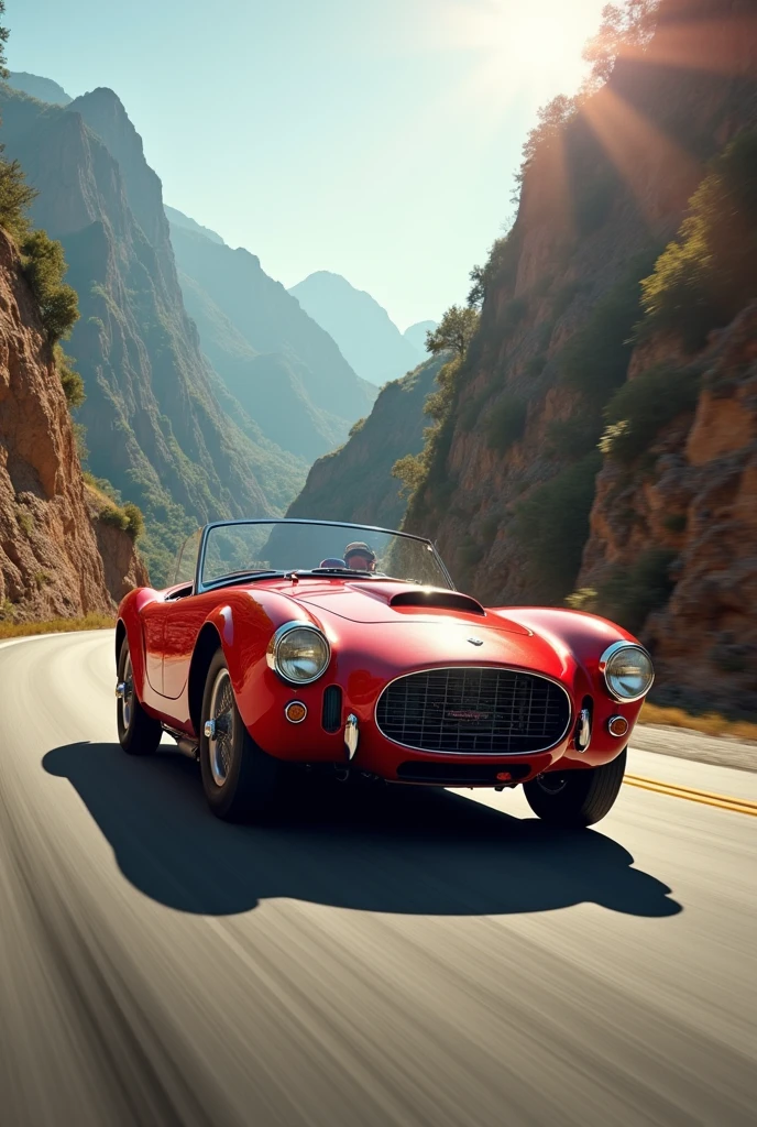 A photorealistic image of a vintage, red sports car, speeding down a winding mountain road, with the sun shining brightly on its chrome details.
