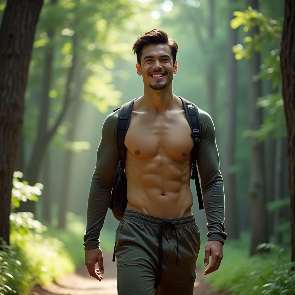 generate a master photograph describing a shapely Man, a peaceful forest scene with tall trees and dappled sunlight filtering through the leaves, (8K, best quality), he has a physique like Jun Shison, long sleeves,  smile, brown hair, black hair, (hard chest, six pack, v cut), half body, walking along a forest path with a relaxed and content expression, wearing comfortable hiking clothes and carrying a small backpack, (He has sexy buttocks, Most sexy booty, Most sexy glutes), Manly, Mancore, (He has fit hips, sexy hips, sexy fit hips, extremely sexy hips), (asian skin, glistening skin, beautiful complexion), shot on Fujifilm superia, (Studio soft light, high detail, cinematic lighting, rim lighting), Style: (hyperrealistic, by DynastySeries FashionNova, photo, {{{masterpiece photography}}}, analog photograph, professional fashion photoshoot, trending on artstation, synthwave, krrrsty), Quality: (photographed, masterpiece, highest resolution), Definition: (highres, sharp focus, 8k uhd, ultra photo-realistic resolution), Film: (80 mm, shot on portra 120, shot on Fujifilm), Resolution: (extremely detailed, (sharp focus:1.5), cinematic lighting, dramatic lighting, ultra photo-realistic), luxury: mohawk hairstyle    