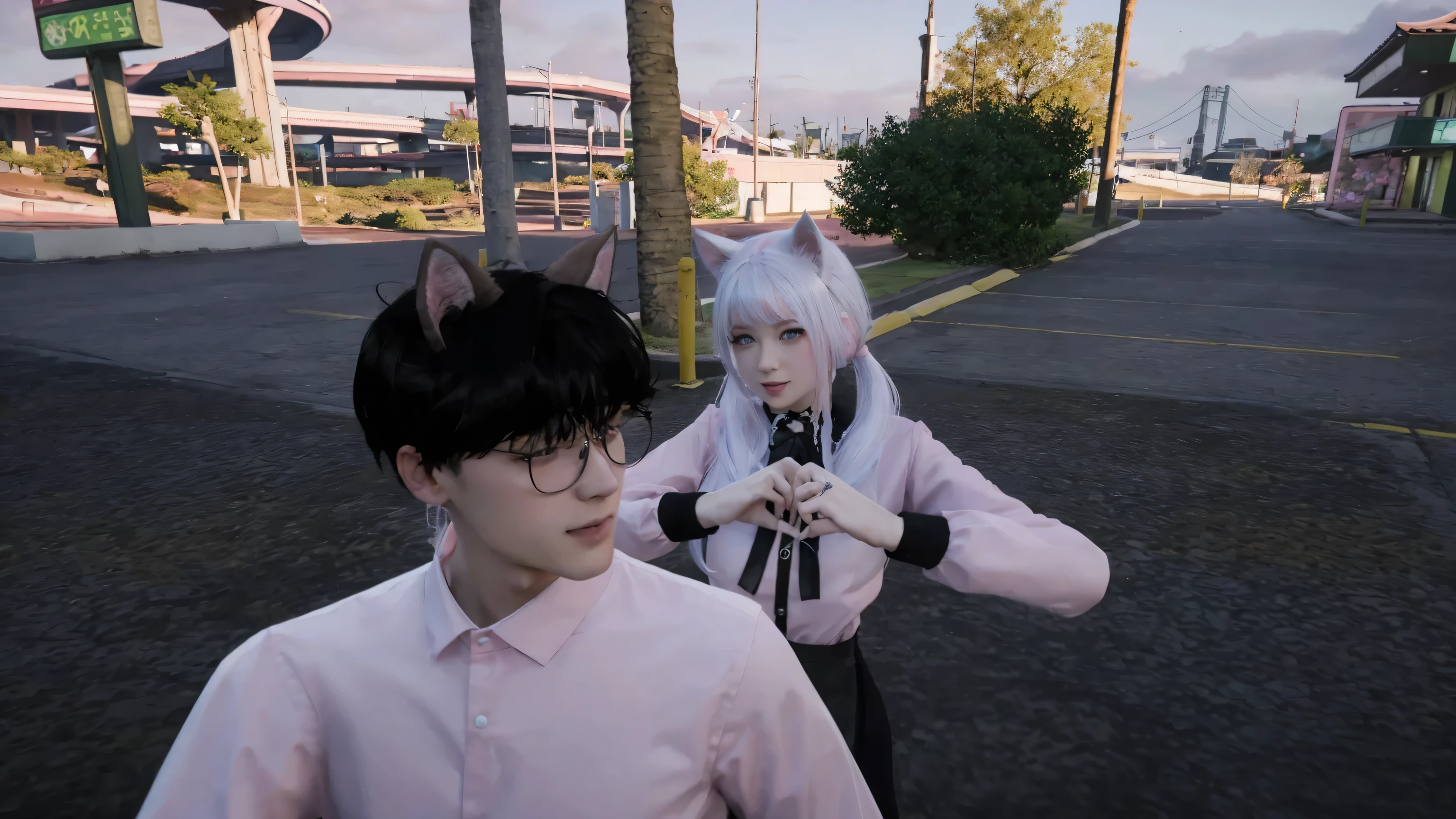 draw art of a happy couple standing in front of a Sakura tree. The female has pale skin, blue eyes, pink hair, white cat ears, she is wearing a pink shirt and a black skirt with suspenders. the male has pale skin, brown eyes, black hair, brown cat ears, wearing a pink shirt and black pants.