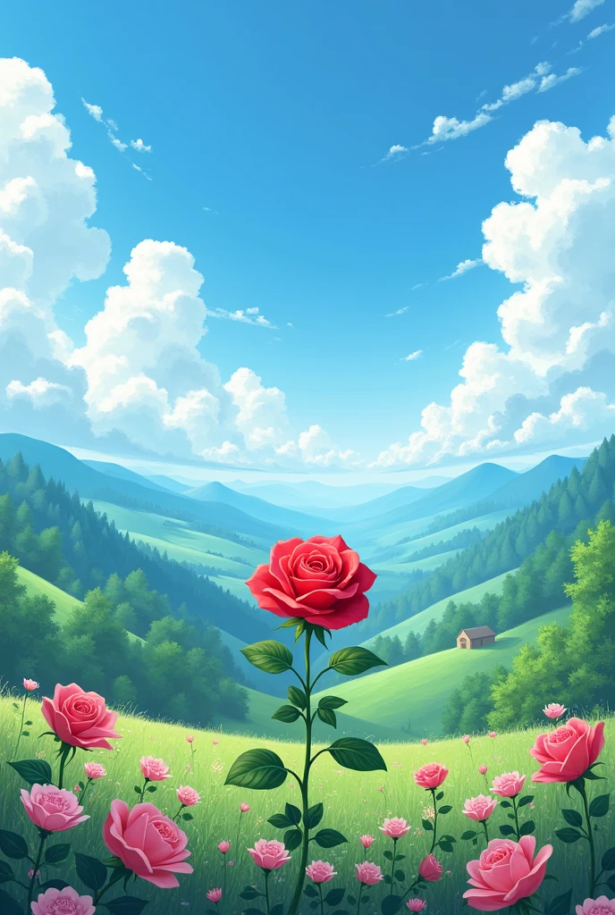 Blue sky.. white and blue cloud.green mountain and trees.. middle in dark pink colour flowers much middle one big red rose
