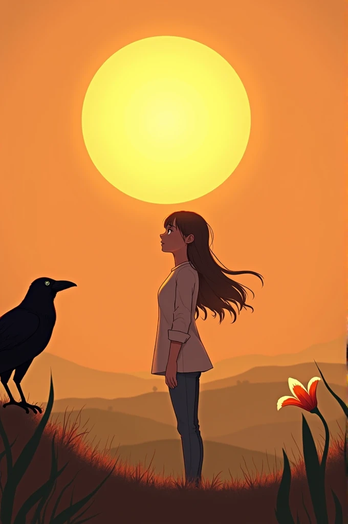 
Generate an art that fits the following description: HD resolution featuring a girl facing the sun in casual clothes, standing on a plain hill with a black raven and glowing flower bud, against a warm-toned sunrise background.