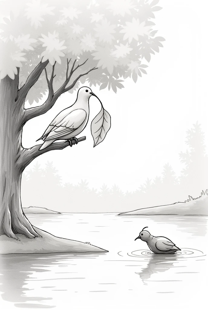 Generate Sketch picture of a dove carrying a leaf in its beak sitting on a tree observing ant drowning in water along a lake