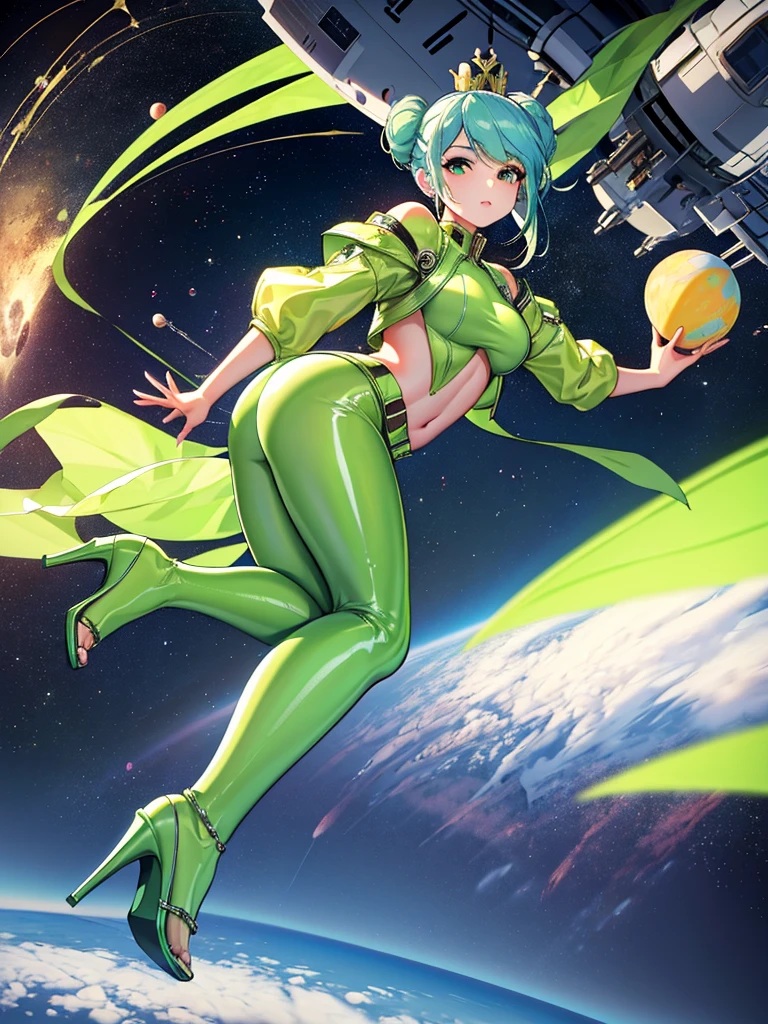((masterpiece, top quality, super definition, high definition)), solo, beautiful girl, green crop top, green high heels, booty shorts, crown, space buns, latex clothes,