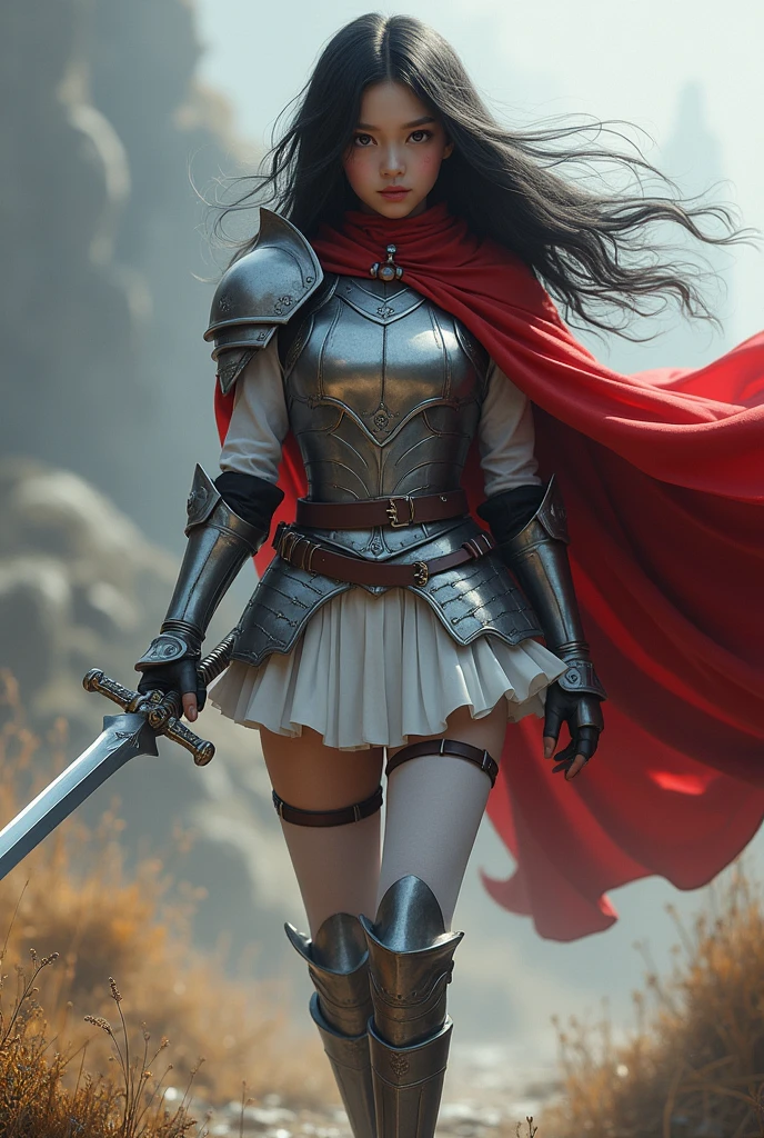 Sword-wielding girl,,Long black hair,Black Eye,Silver metal armor covering the upper body,pleated micro mini skirt,Thigh-length silver metal boots,Big red cloak,White thigh-high stockings,Beautifully decorated long sword in hand,Jump and slash enemies,(((Open your legs and hold your sword:1.5))),((Perfect beautiful girl:2.0)),((Slim figure)),Silver Gauntlets,(The whole body to the toes),Blown by the Wind, Desolate wilderness,(Panty shot:1.2),(((Ultra-high resolution:1.5))),((Highly detailed eyes))