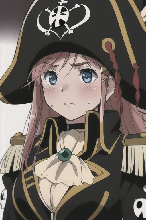 masterpiece, best quality, 1girl, detailed face and eyes, big breasts, cleavage, Katou Marika, close-up, (black pirate costume), (black pirate hat), looking at the viewer, aroused facial expression, teeth, blush, sweat,   (simple dark background), view from below