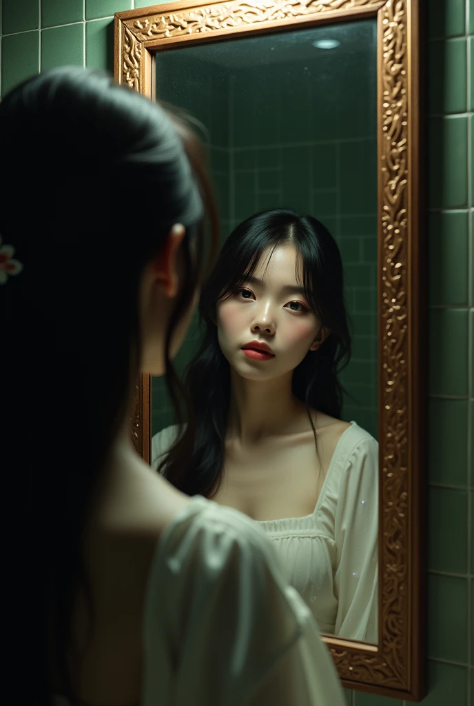 Seductive Japanese woman in bathroom in front of mirror