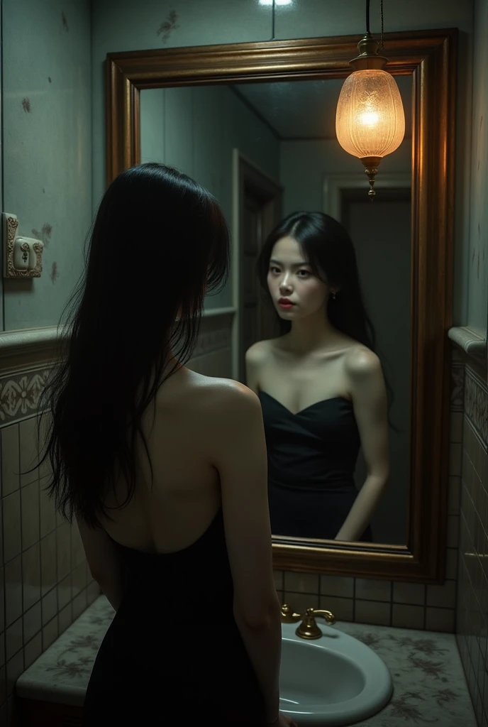 Seductive Japanese woman in bathroom in front of mirror