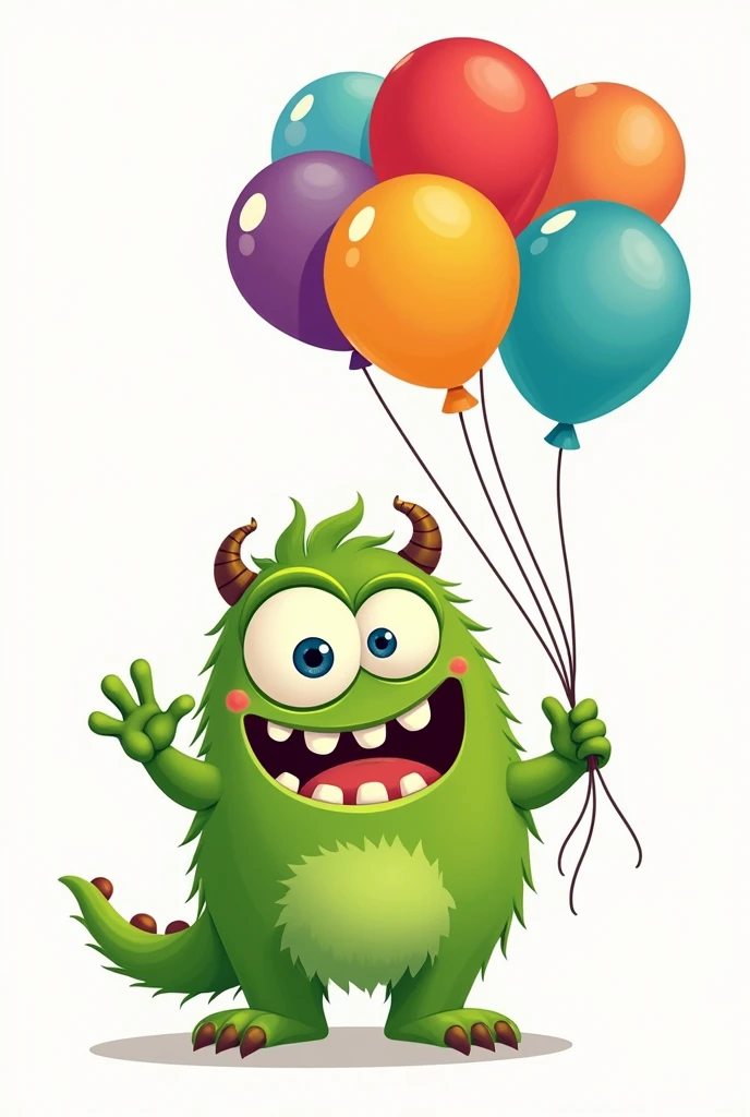 A stylized, cartoon illustration of a friendly, green monster, with big, googly eyes and a wide, toothy grin, holding a bunch of colorful balloons.