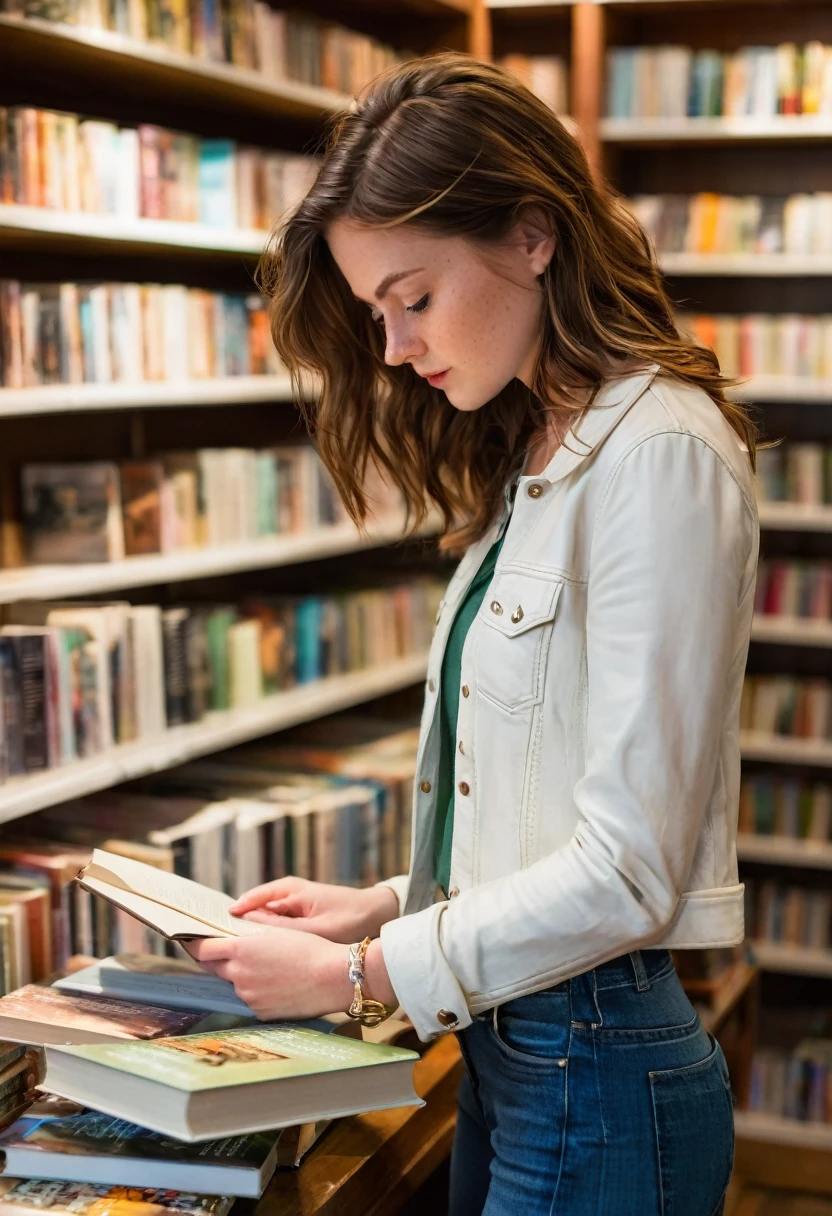 24-year-old woman, with chestnut brown hair and green eyes, is browsing through books in a quaint, softly-lit bookstore. She’s dressed in a casual yet chic outfit, with a white blouse, jeans, and her light leather jacket. Her fair skin and light freckles are gently illuminated by the warm indoor lighting. Her expression is one of focused curiosity, her silver necklace with a small pendant resting softly against her blouse as she peruses the shelves.