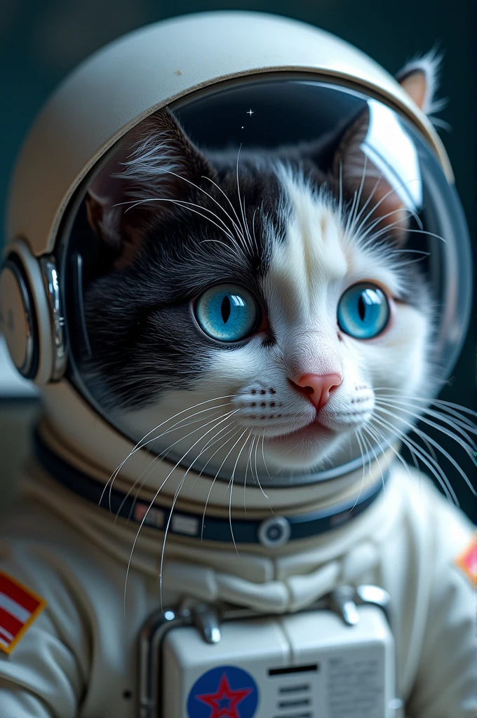 Photographic Reality　Cat astronaut couple　(Close-ups of even better masterpieces:1.5)0.9], (Space and astronaut cat:1.2) (Disheveled silver hair:1.1) (Heterochromia、Black and white cat、blue eyes:1.2) (Space Helmet:1.0) (Colored stars in my eyes:1.0) (Shining Sparkle:1.1) 