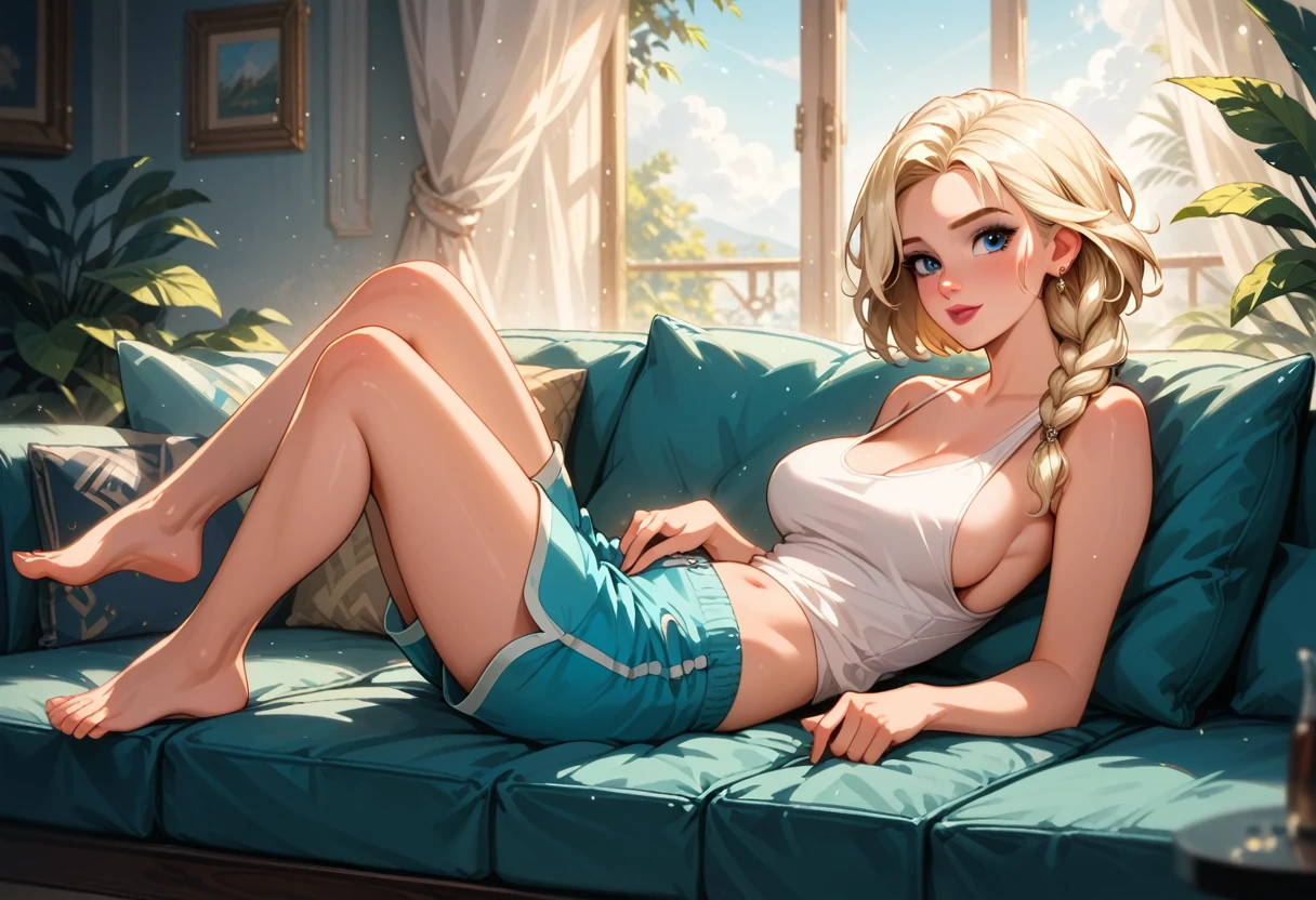 score_9, score_8_up, score_7_up, score_6_up, cinematic film still, 1girl, mature elsa (blonde hair, braid:1.1), tight_blue_dolphin_shorts, loose_white_cropped_tank_top, sideboob, relaxing on big comfy couch, lovely living room, feet on couch, (cinematic lighting:1.2),, shallow depth of field, vignette, highly detailed, high budget, bokeh, cinemascope, moody, epic, gorgeous, film grain, grainy.