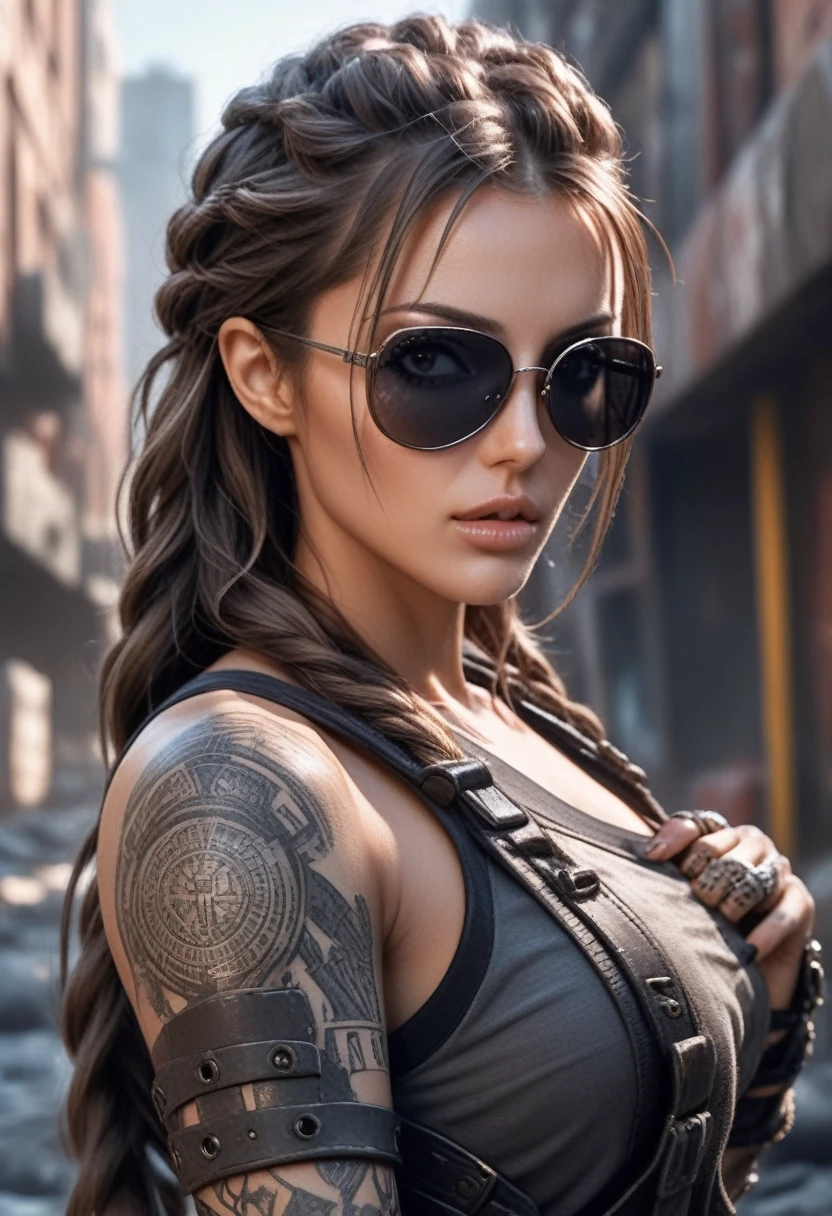 Close up upper body,a hyper realistic ultra detailed photograph of a futuristic beautiful barbarian woman wearing sunglasses at a dystopian city, tattered outfit with rusty metal armor plates, long wild hair, tattooed hands and body, fashion pose, detailed symmetric beautiful hazel eyes, detailed gorgeous face, apocalyptic environment, exquisite detail, 30-megapixel, 4k, Canon EOS 5D Mark IV DSLR, 85mm lens, sharp focus, intricately detailed, long exposure time, f/8, ISO 100, shutter speed 1/125, diffuse back lighting, award winning photograph, facing camera, looking into camera, monovisions, perfect contrast, High sharpness, facial symmetry, depth of field, ultra-detailed photography, raytraced, global illumination, TanvirTamim, smooth, ultra high definition, 8k, unreal engine 5, ultra sharp focus, award-winning photograph, trending on artstation