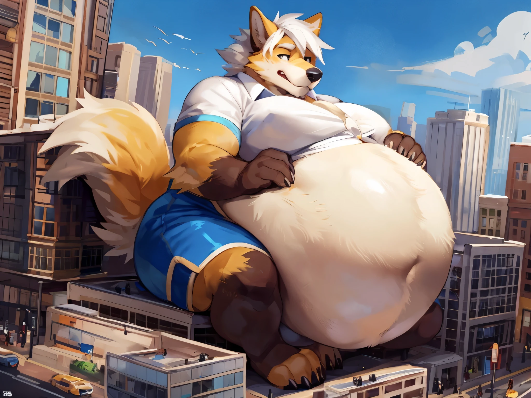 4k ultra quality, 4k half body view,ultra high detailed body,feral wolf,yellow fur,white hair, big belly, (round belly), hyper belly, enormous belly, enormous body,by mystikfox61, by glitter trap boy, by bebebebebe,by morethreedee, by seibear,(thick thigh),(chubby thigh),thicc thigh,thick legs,chubby legs,thicc legs,enomorous thigh,massive thigh,massive legs,(detailed thigh),(wide thigh),thick butt,sharp nails,(detailed face),bloated belly,enomorous thigh,detailed paws,thick paws,chubby paws,shirt with buttons,feral legs,tight shorts
,in a city,(macro),ultra bigger penis,thick penis,long penis,(detailed bulge),sitting on building, among crowd,((hyper penis, hyper balls, huge penis, huge balls, huge chode)),(embarrassed face)