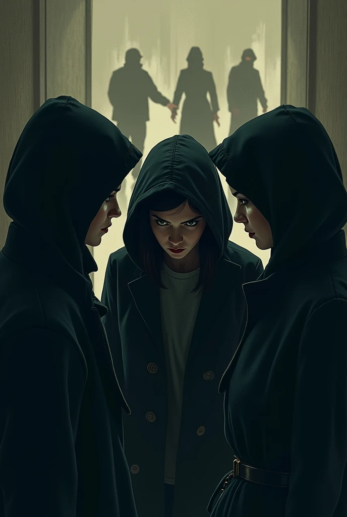 3 woman who prepare a plan for a bank and who wears a hood and people to be the road plan now 